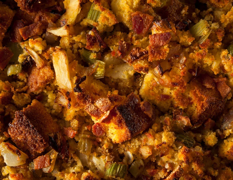 Close-up of cornbread stuffing